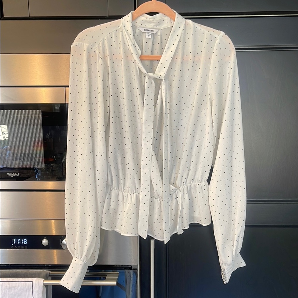 Express White Peplum Blouse with Tie Front and Mandarin Collar